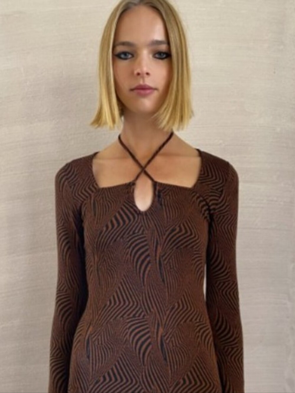 Zara Brown Patterned Long Sleeve Tie-Front Dress